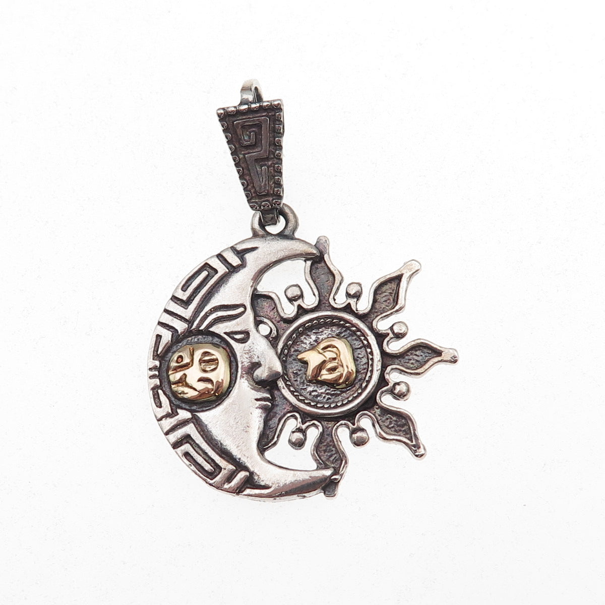Tasman 925 Sterling Silver 2-Tone Vintage Mexico Chichen Itza Moon & Sun Pendant