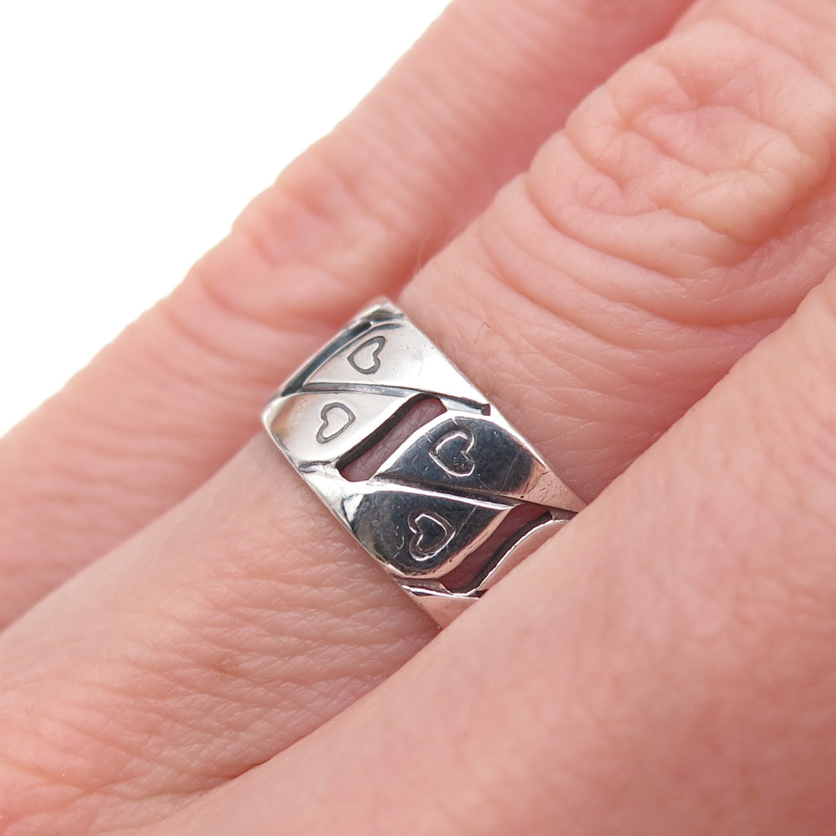925 Sterling Silver Antique Art Deco Heart S-Shape Wide Band Ring Size 5.5