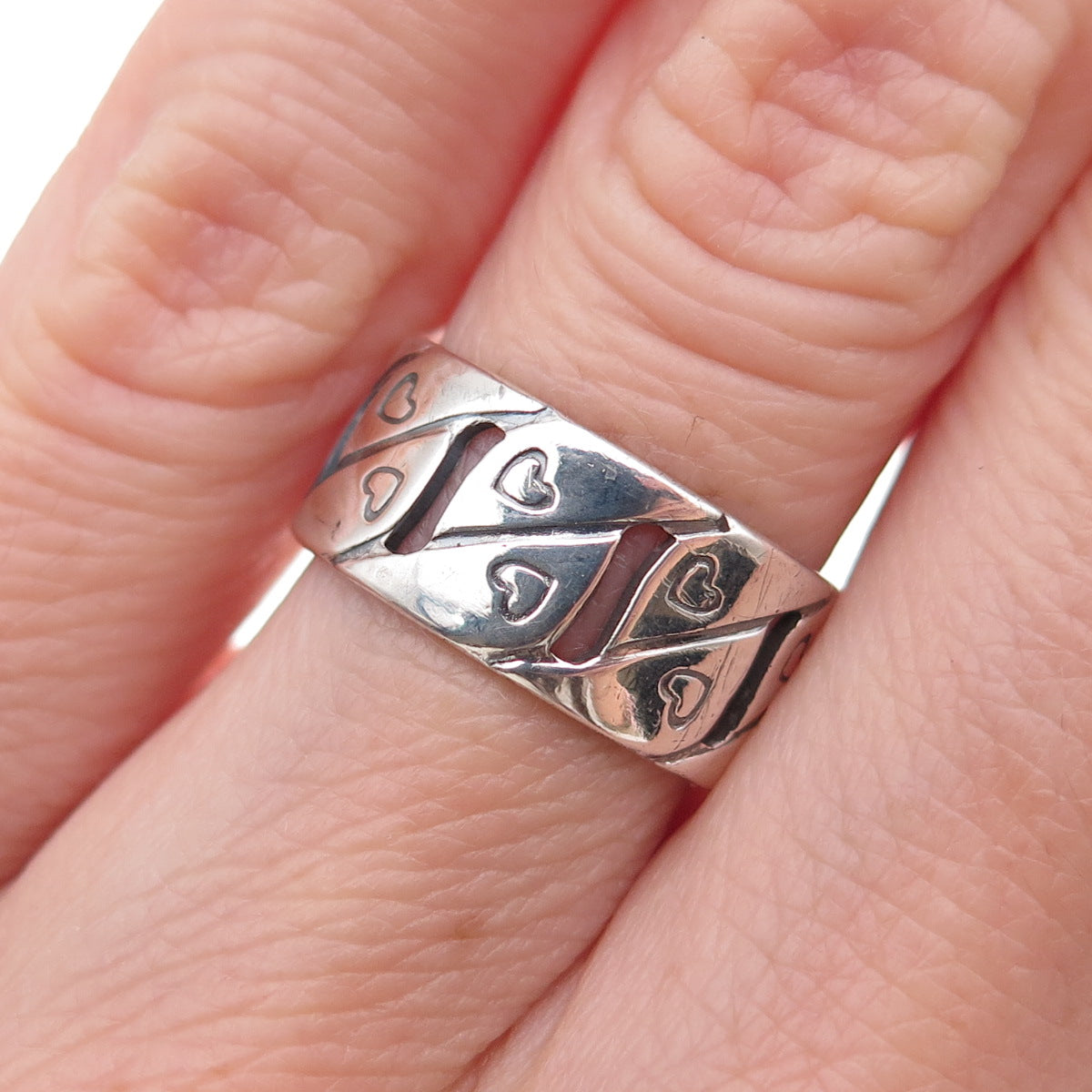 925 Sterling Silver Antique Art Deco Heart S-Shape Wide Band Ring Size 5.5