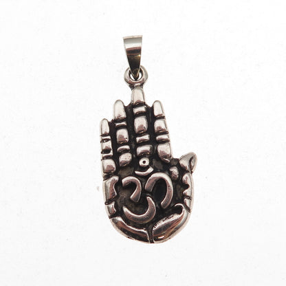 925 Sterling Silver Vintage Om Mantra Hamsa Amulet Oxidized Charm Pendant