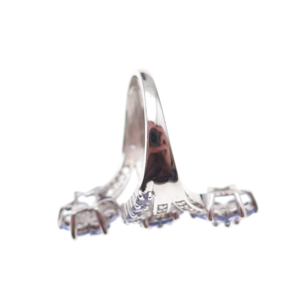 925 Sterling Silver Real Tanzanite & White Topaz Floral Bypass Ring Size 7.75