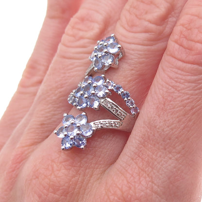 925 Sterling Silver Real Tanzanite & White Topaz Floral Bypass Ring Size 7.75