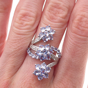 925 Sterling Silver Real Tanzanite & White Topaz Floral Bypass Ring Size 7.75
