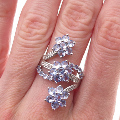925 Sterling Silver Real Tanzanite & White Topaz Floral Bypass Ring Size 7.75