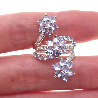 925 Sterling Silver Real Tanzanite & White Topaz Floral Bypass Ring Size 7.75