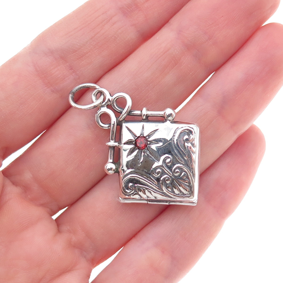Reo 925 Sterling Silver Vintage Real Red Garnet Heart Locket Charm Pendant