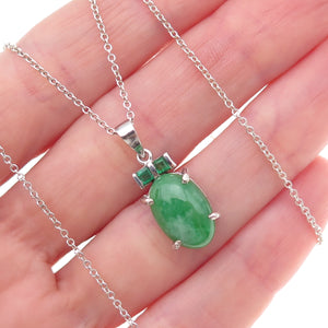 925 Sterling Silver Vintage Real Jade & Emerald Cable Chain Necklace 18"