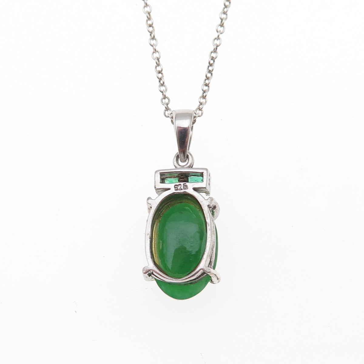 925 Sterling Silver Vintage Real Jade & Emerald Cable Chain Necklace 18"