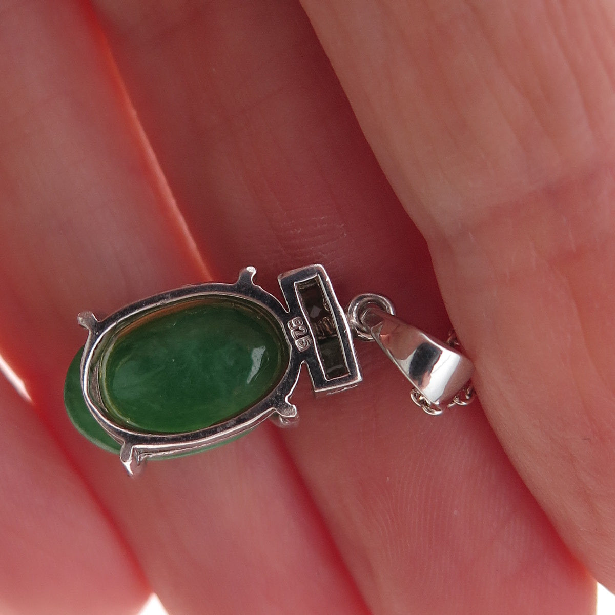 925 Sterling Silver Vintage Real Jade & Emerald Cable Chain Necklace 18"