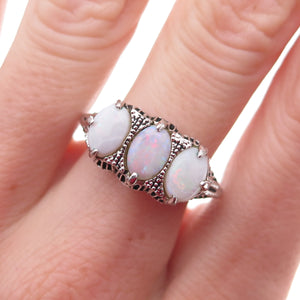 925 Sterling Silver Vintage Real Oval-Cut Opal Ring Size 8.25