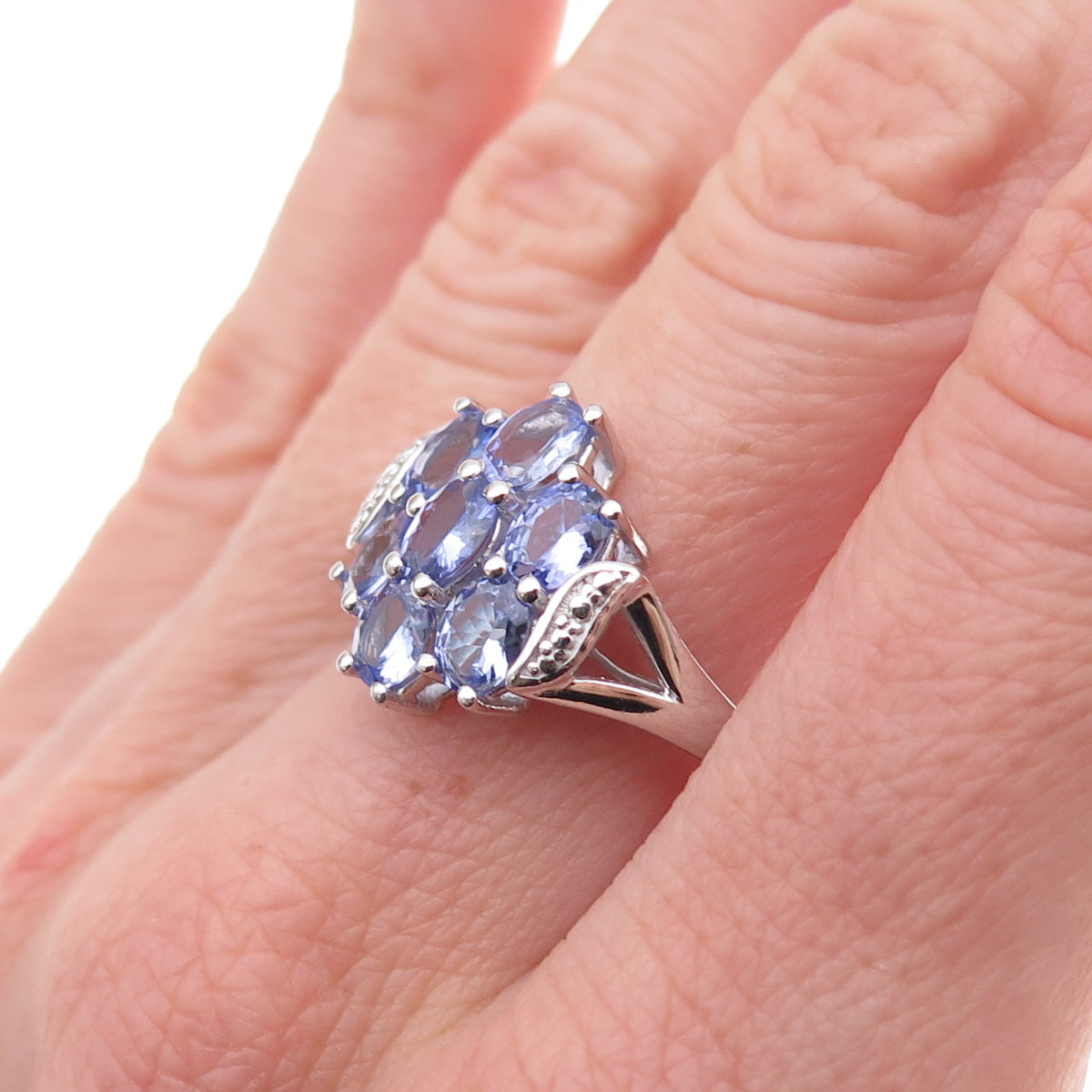 Chuck Clemency 925 Sterling Silver Real Oval-Cut Tanzanite Cluster Ring Size 8