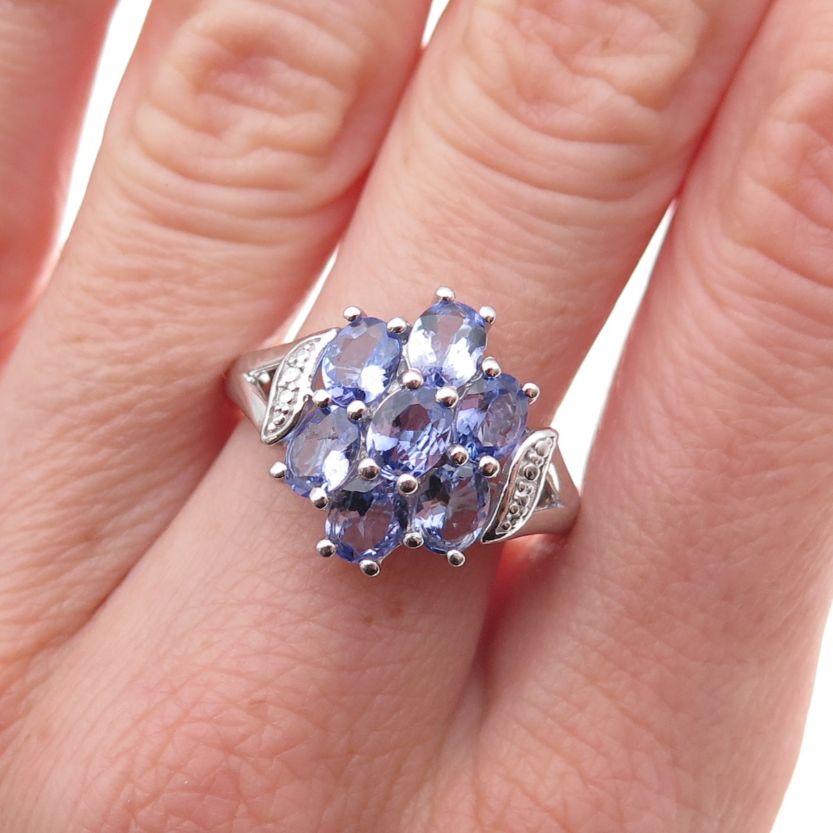 Chuck Clemency 925 Sterling Silver Real Oval-Cut Tanzanite Cluster Ring Size 8