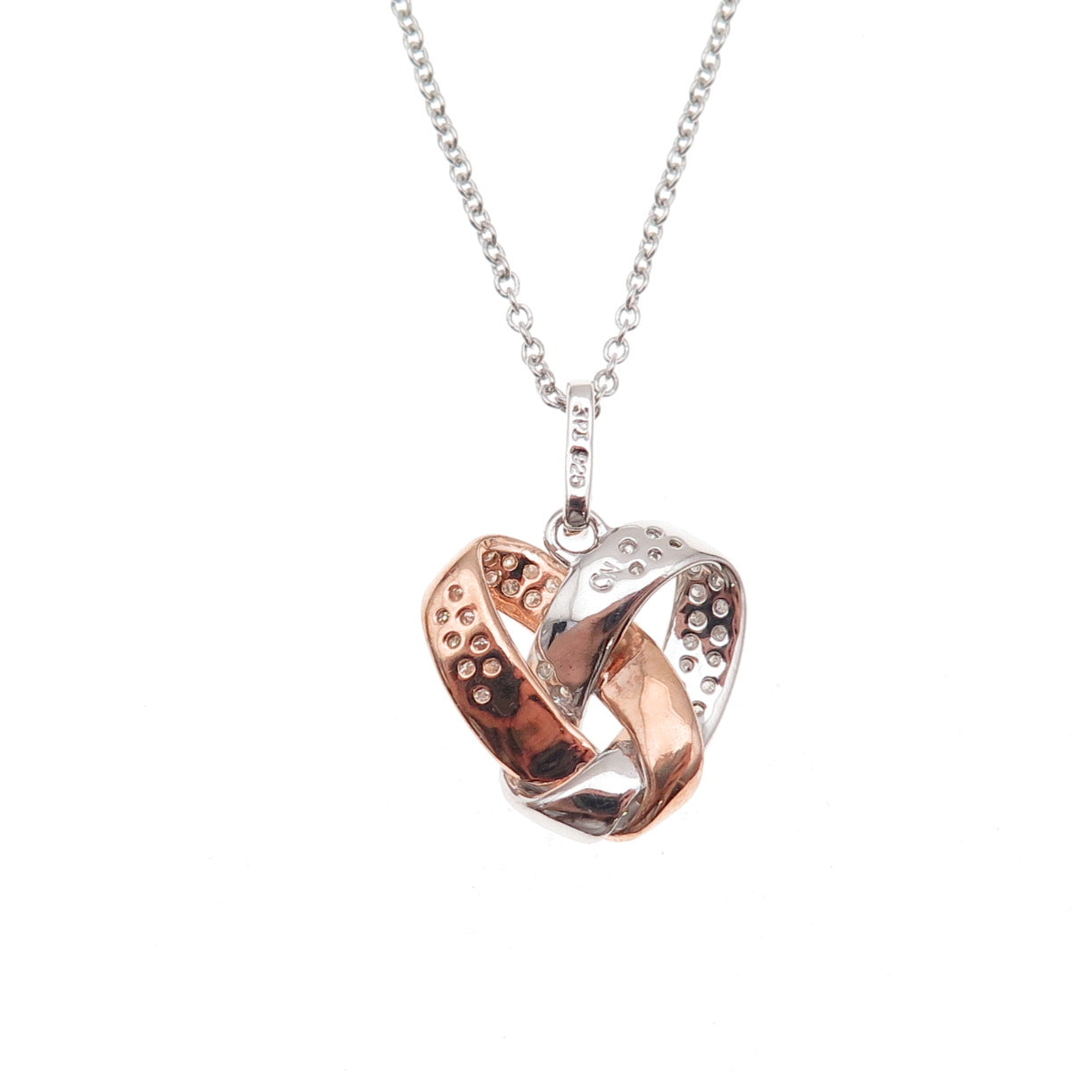 925 Sterling Silver 2-Tone Real Diamond Twisted Knot Heart Chain Necklace 18"