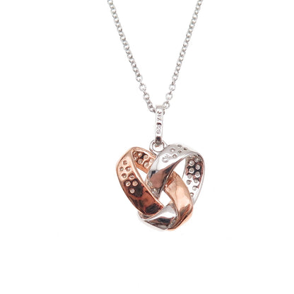 925 Sterling Silver 2-Tone Real Diamond Twisted Knot Heart Chain Necklace 18"