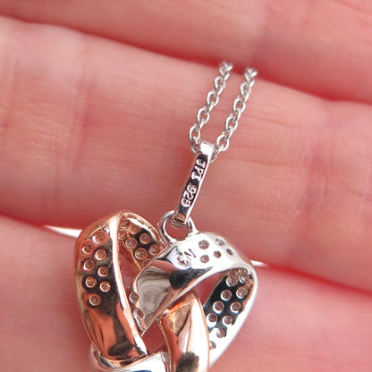 925 Sterling Silver 2-Tone Real Diamond Twisted Knot Heart Chain Necklace 18"