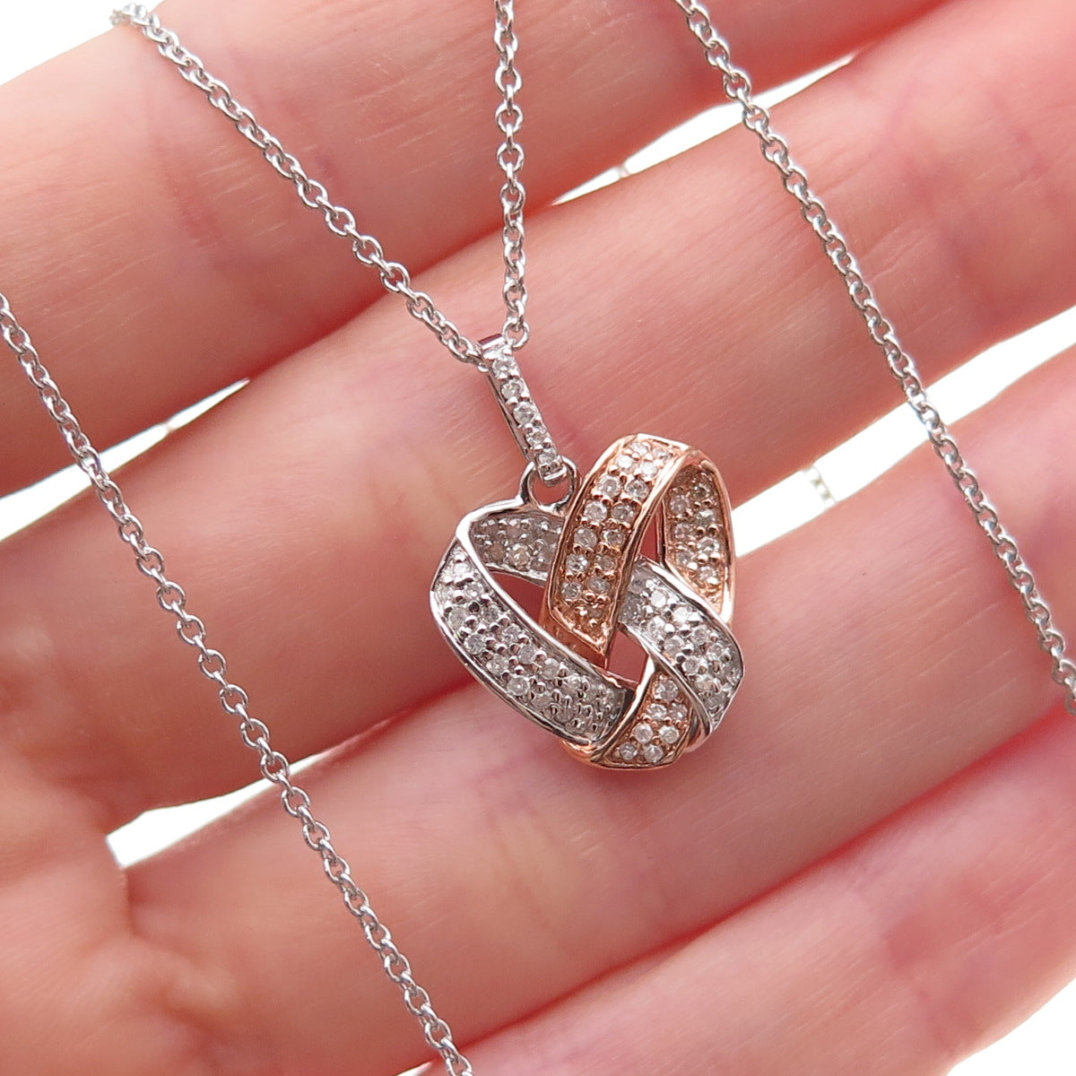 925 Sterling Silver 2-Tone Real Diamond Twisted Knot Heart Chain Necklace 18"