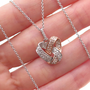 925 Sterling Silver 2-Tone Real Diamond Twisted Knot Heart Chain Necklace 18"