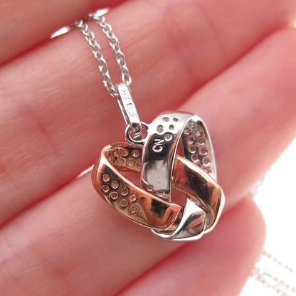 925 Sterling Silver 2-Tone Real Diamond Twisted Knot Heart Chain Necklace 18"