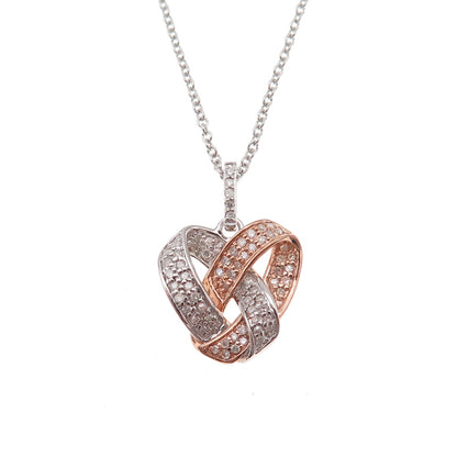 925 Sterling Silver 2-Tone Real Diamond Twisted Knot Heart Chain Necklace 18"