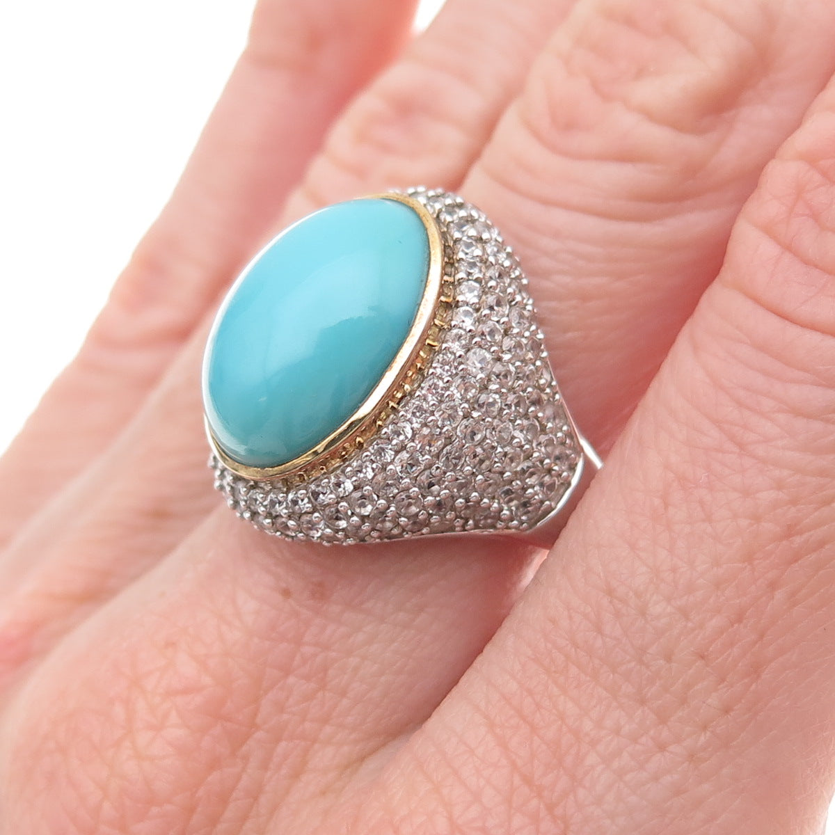 925 Sterling Silver 2-Tone Real Turquoise & White Topaz Ring Size 8.25