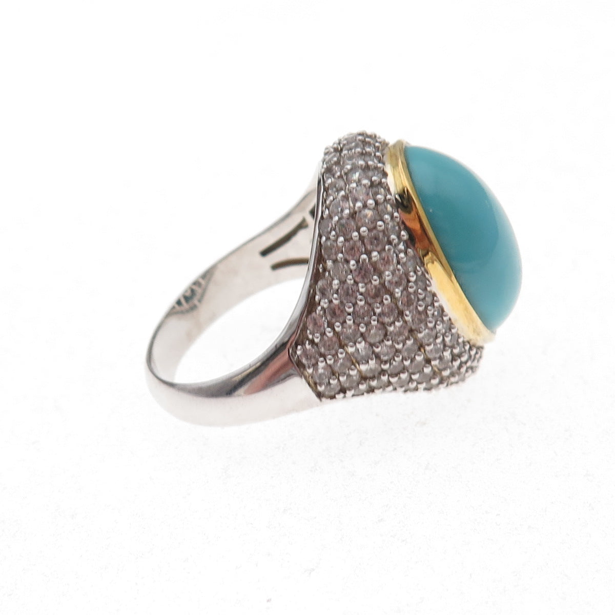 925 Sterling Silver 2-Tone Real Turquoise & White Topaz Ring Size 8.25