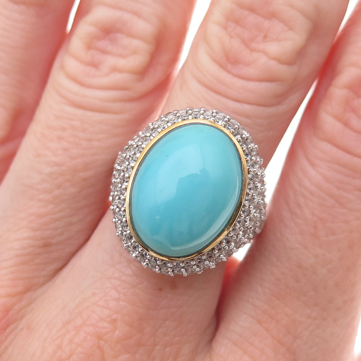 925 Sterling Silver 2-Tone Real Turquoise & White Topaz Ring Size 8.25