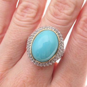 925 Sterling Silver 2-Tone Real Turquoise & White Topaz Ring Size 8.25