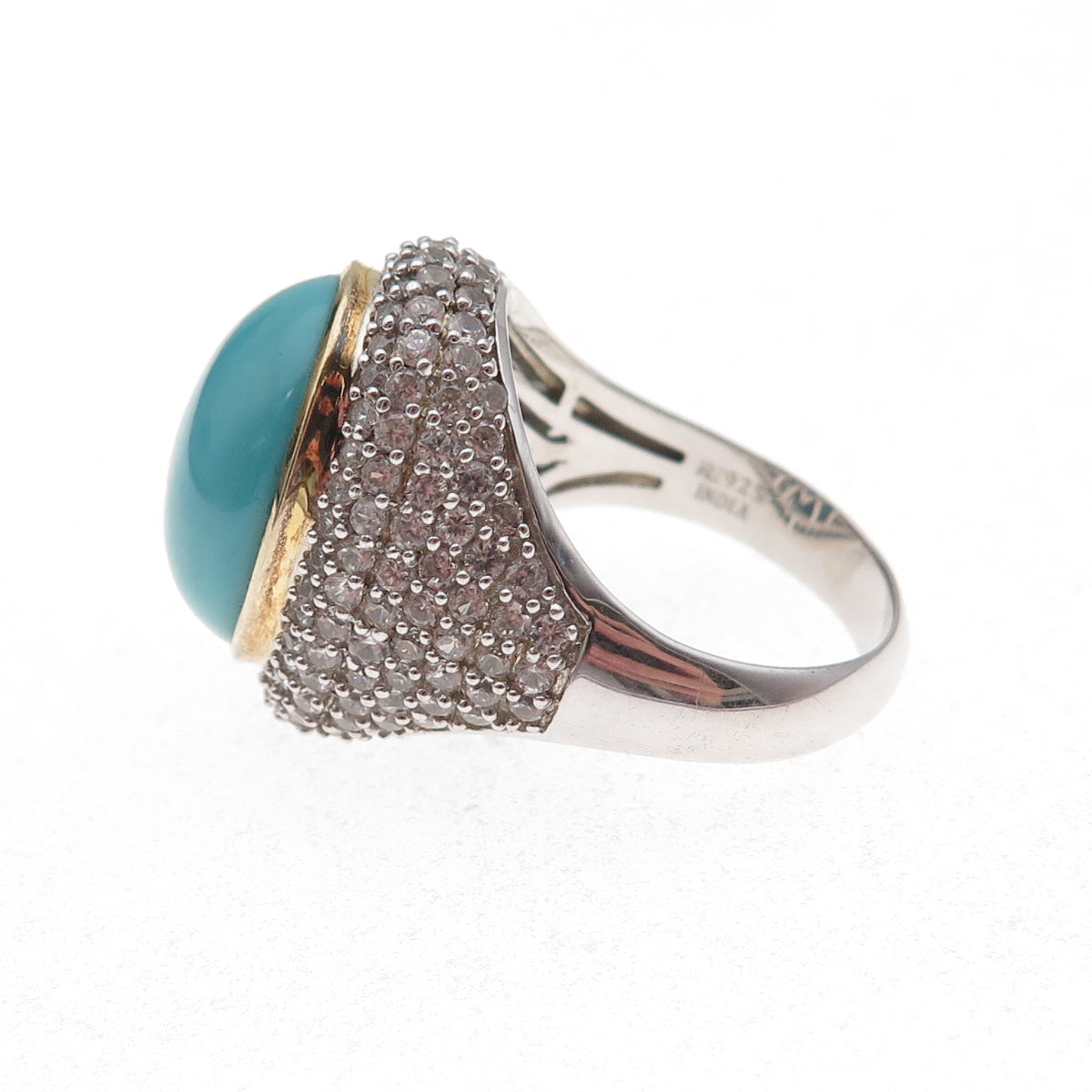 925 Sterling Silver 2-Tone Real Turquoise & White Topaz Ring Size 8.25