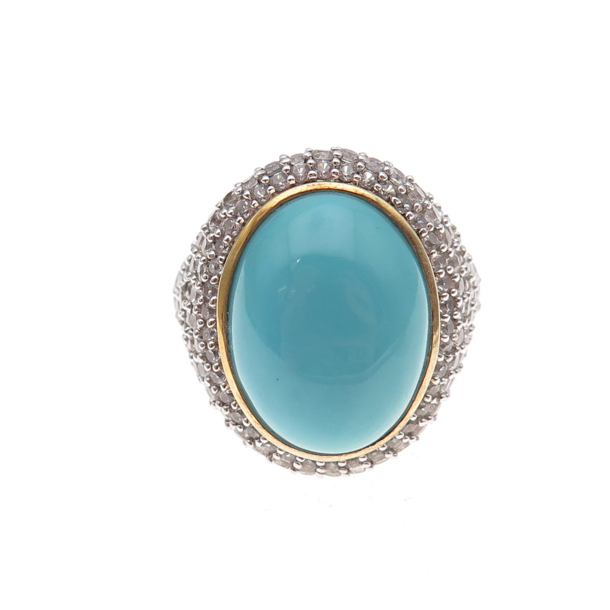 925 Sterling Silver 2-Tone Real Turquoise & White Topaz Ring Size 8.25