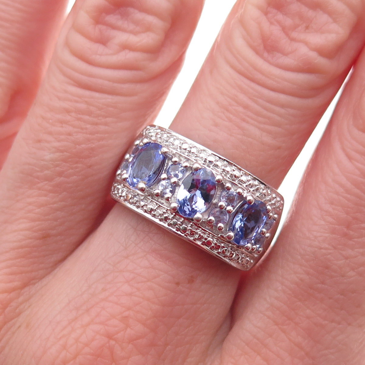 Chuck Clemency 925 Sterling Silver Real Oval & Round-Cut Tanzanite Ring Size 7