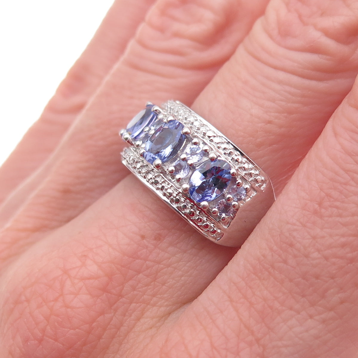 Chuck Clemency 925 Sterling Silver Real Oval & Round-Cut Tanzanite Ring Size 7