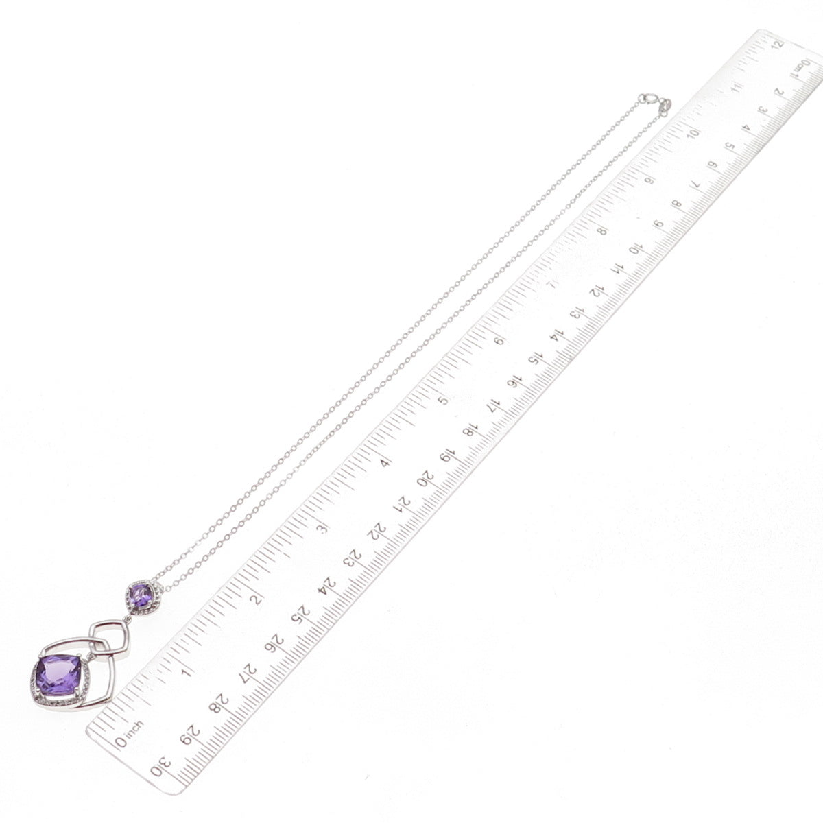925 Sterling Silver Mexico Real Diamond & Amethyst Cable Chain Necklace 18"