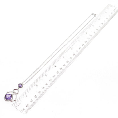 925 Sterling Silver Mexico Real Diamond & Amethyst Cable Chain Necklace 18"
