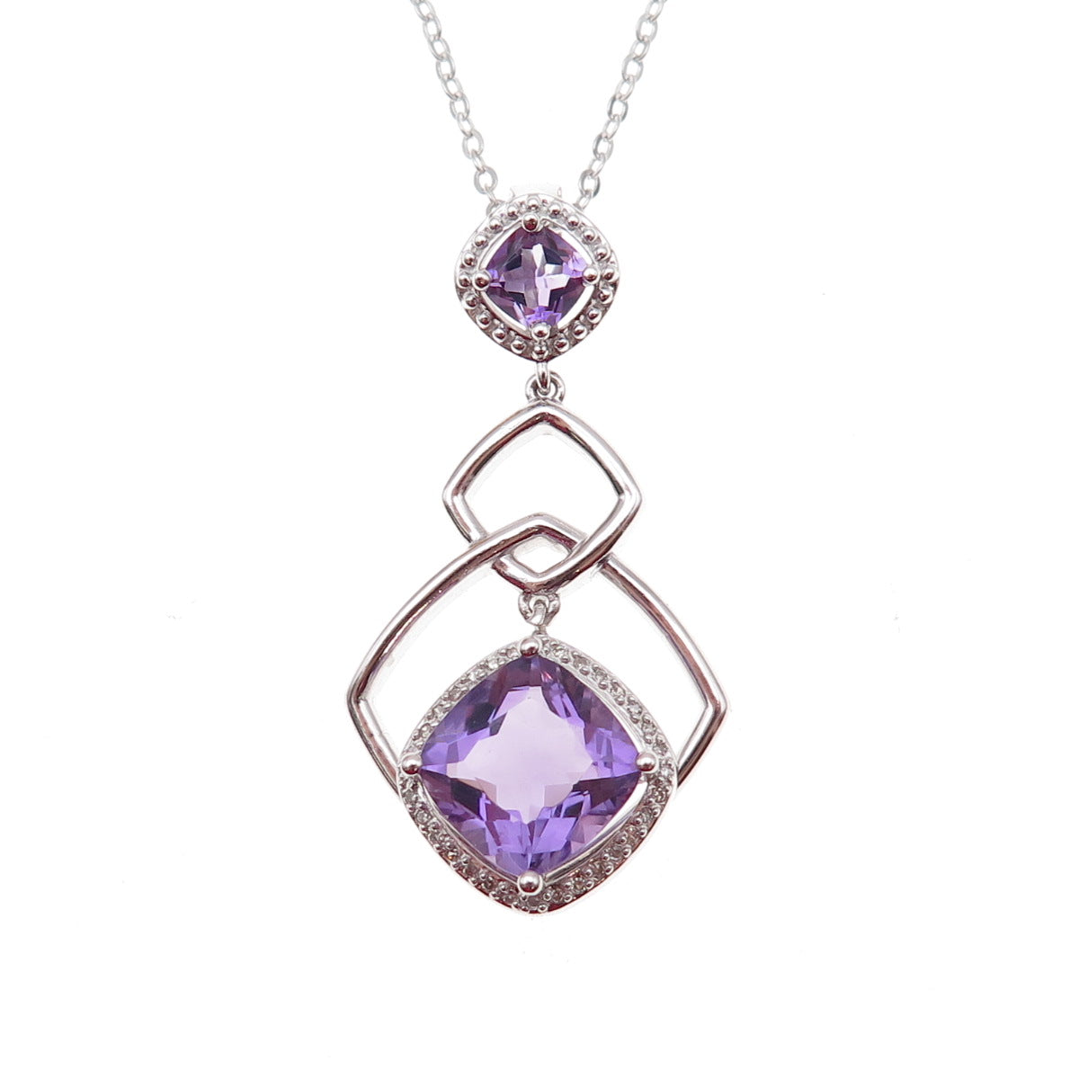 925 Sterling Silver Mexico Real Diamond & Amethyst Cable Chain Necklace 18"