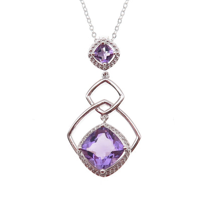 925 Sterling Silver Mexico Real Diamond & Amethyst Cable Chain Necklace 18"