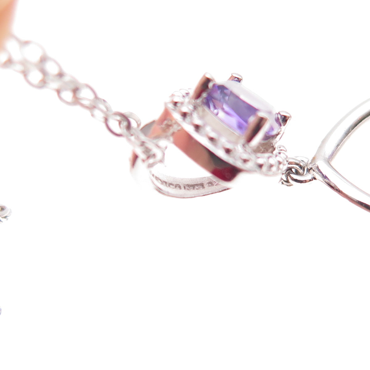 925 Sterling Silver Mexico Real Diamond & Amethyst Cable Chain Necklace 18"