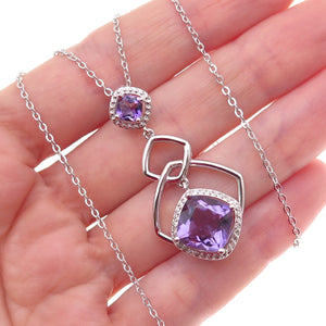 925 Sterling Silver Mexico Real Diamond & Amethyst Cable Chain Necklace 18"