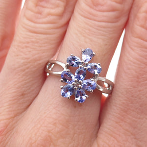 925 Sterling Silver Real Tanzanite & White Topaz Floral Ring Size 8