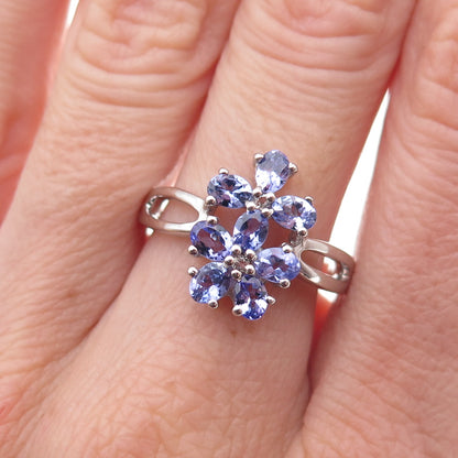 925 Sterling Silver Real Tanzanite & White Topaz Floral Ring Size 8
