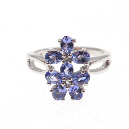 925 Sterling Silver Real Tanzanite & White Topaz Floral Ring Size 8