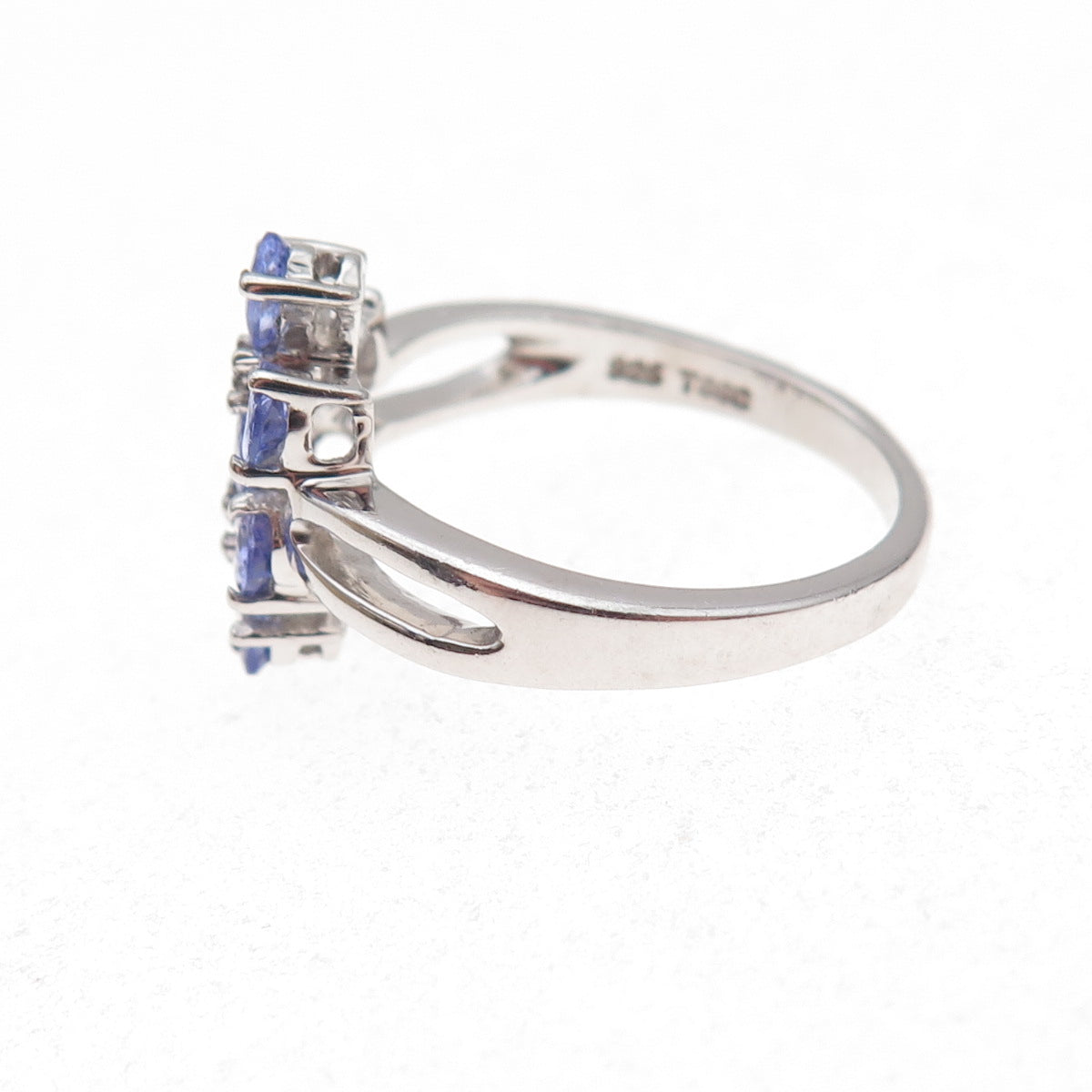 925 Sterling Silver Real Tanzanite & White Topaz Floral Ring Size 8