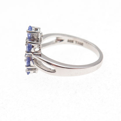 925 Sterling Silver Real Tanzanite & White Topaz Floral Ring Size 8