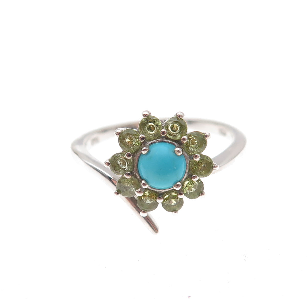 Chuck Clemency Sterling Silver Real Turquoise & Peridot Floral Ring Size 8.25