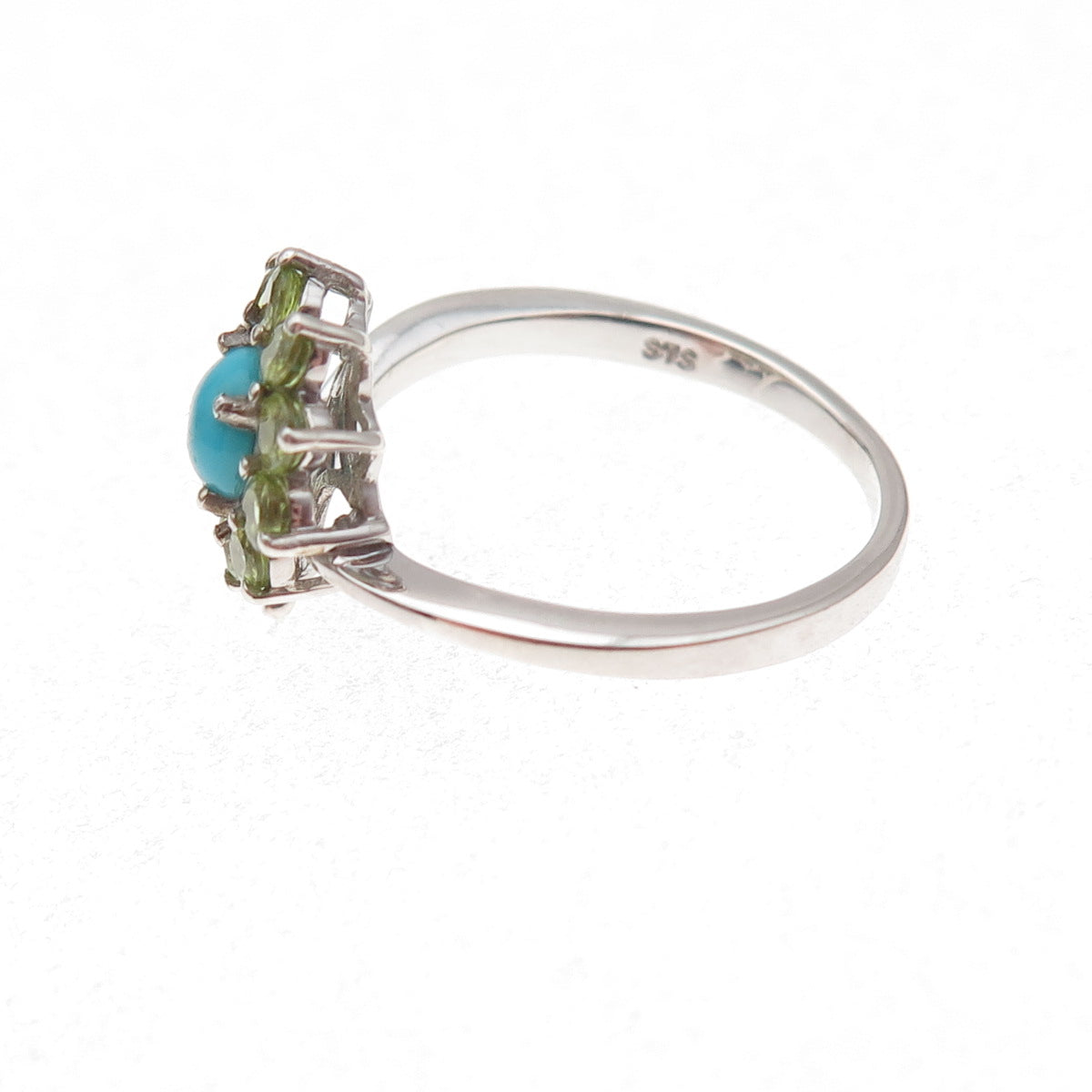 Chuck Clemency Sterling Silver Real Turquoise & Peridot Floral Ring Size 8.25