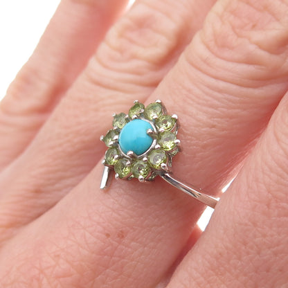 Chuck Clemency Sterling Silver Real Turquoise & Peridot Floral Ring Size 8.25