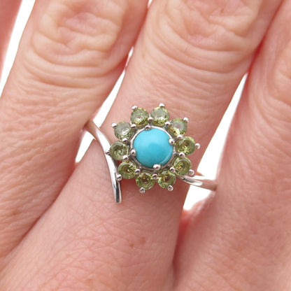 Chuck Clemency Sterling Silver Real Turquoise & Peridot Floral Ring Size 8.25