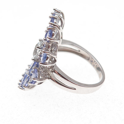 925 Sterling Silver Real Pear-Cut Tanzanite & Round-Cut White Topaz Ring Size 8