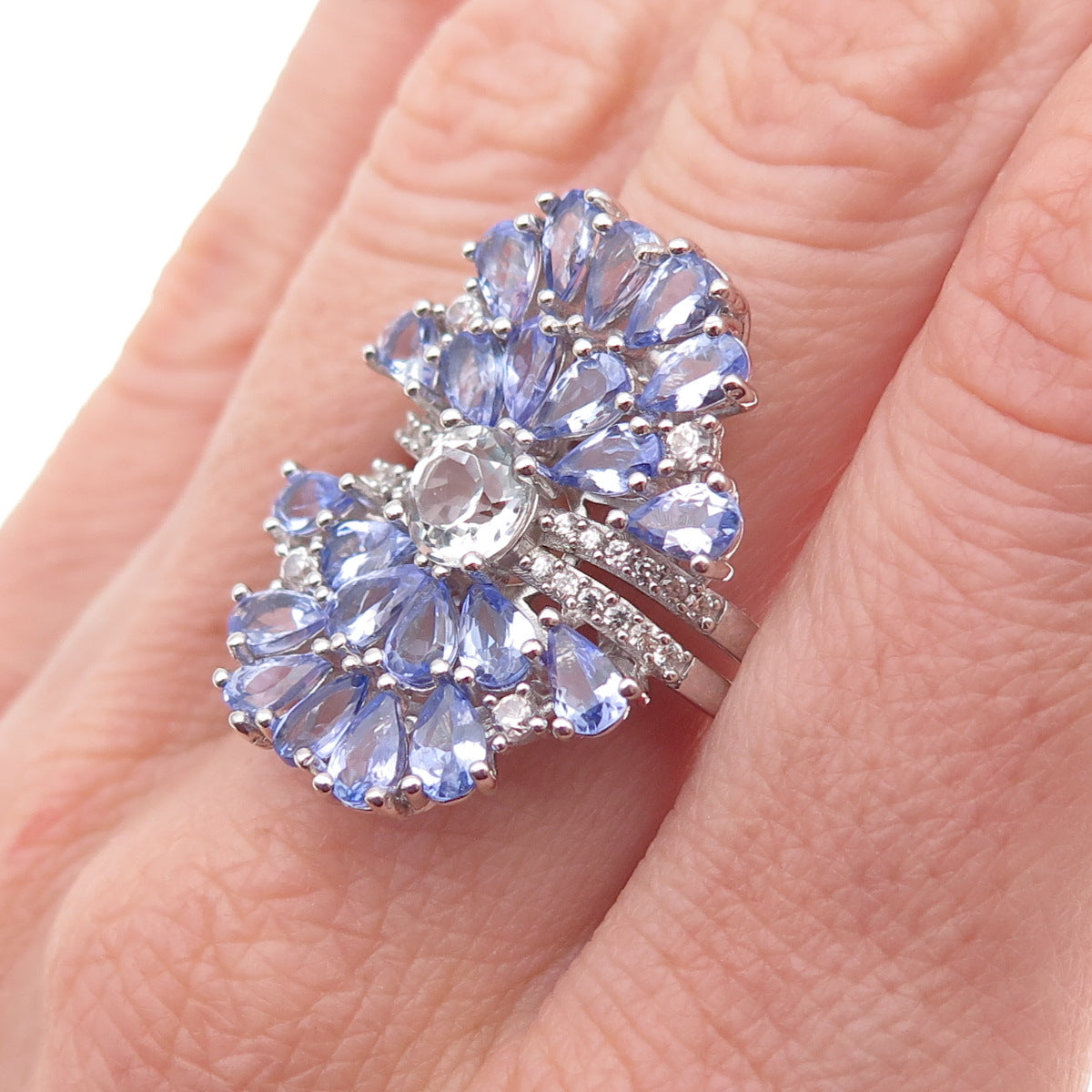 925 Sterling Silver Real Pear-Cut Tanzanite & Round-Cut White Topaz Ring Size 8