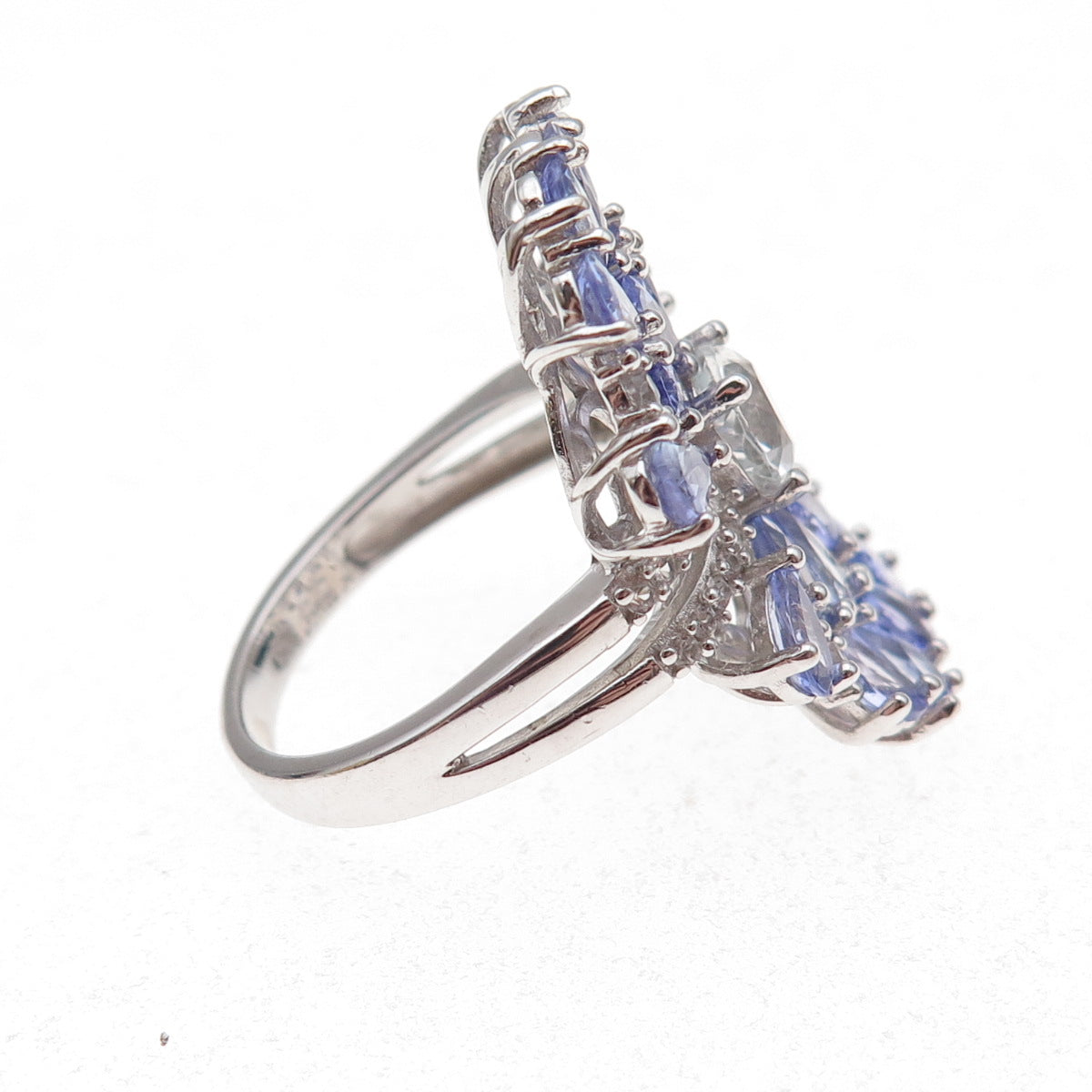 925 Sterling Silver Real Pear-Cut Tanzanite & Round-Cut White Topaz Ring Size 8