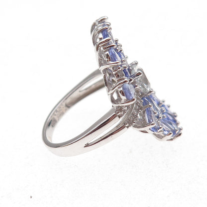 925 Sterling Silver Real Pear-Cut Tanzanite & Round-Cut White Topaz Ring Size 8